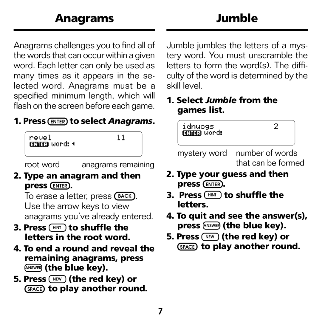 Franklin WGM-2037 manual AnagramsJumble, Press Enter to select Anagrams, Type an anagram and then press Enter 