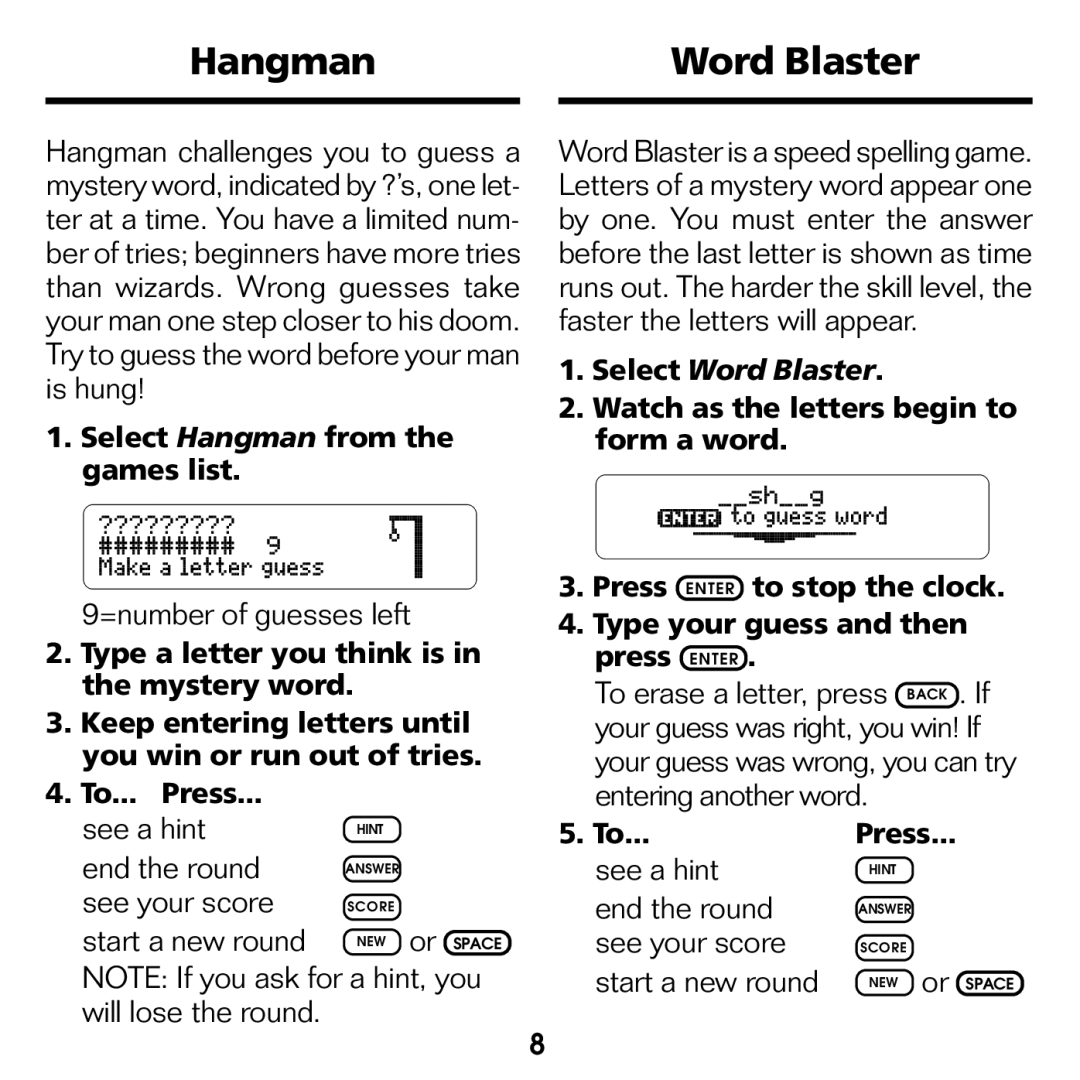 Franklin WGM-2037 manual Hangman Word Blaster 