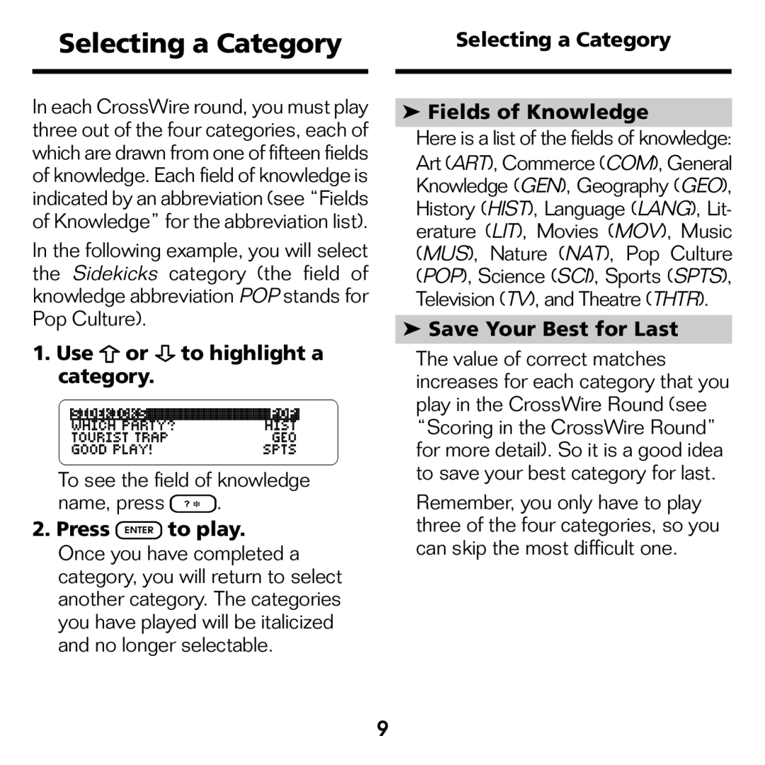 Franklin XGT-2043 manual Selecting a Category, Use or to highlight a category, Save Your Best for Last 