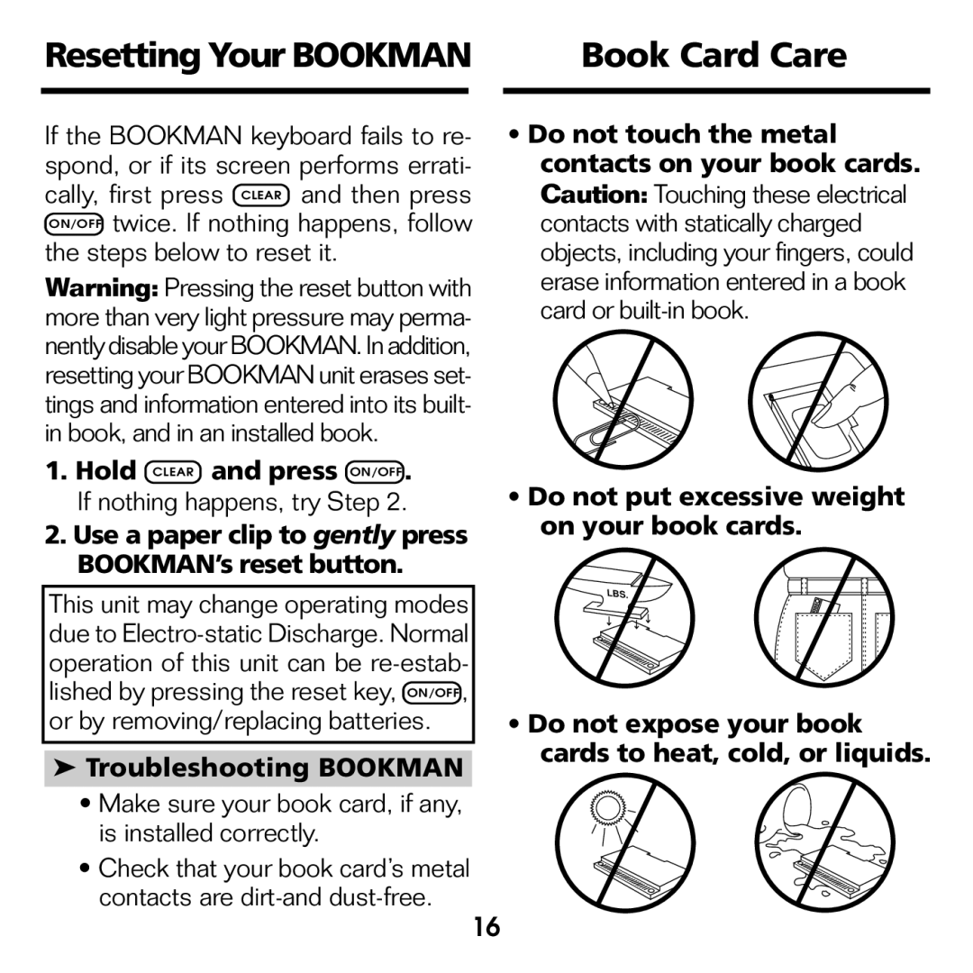 Franklin XGT-2043 manual Resetting Your Bookman Book Card Care, Troubleshooting Bookman 