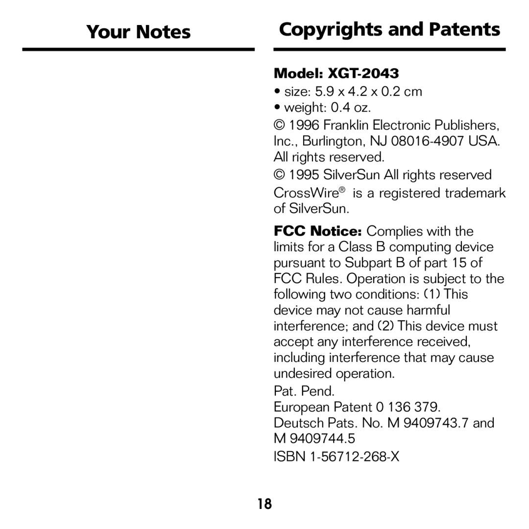 Franklin manual Your Notes Copyrights and Patents, Model XGT-2043 