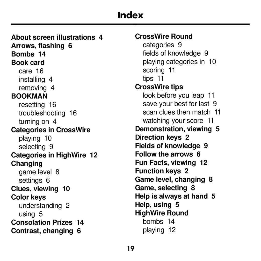 Franklin XGT-2043 manual Index, CrossWire tips 