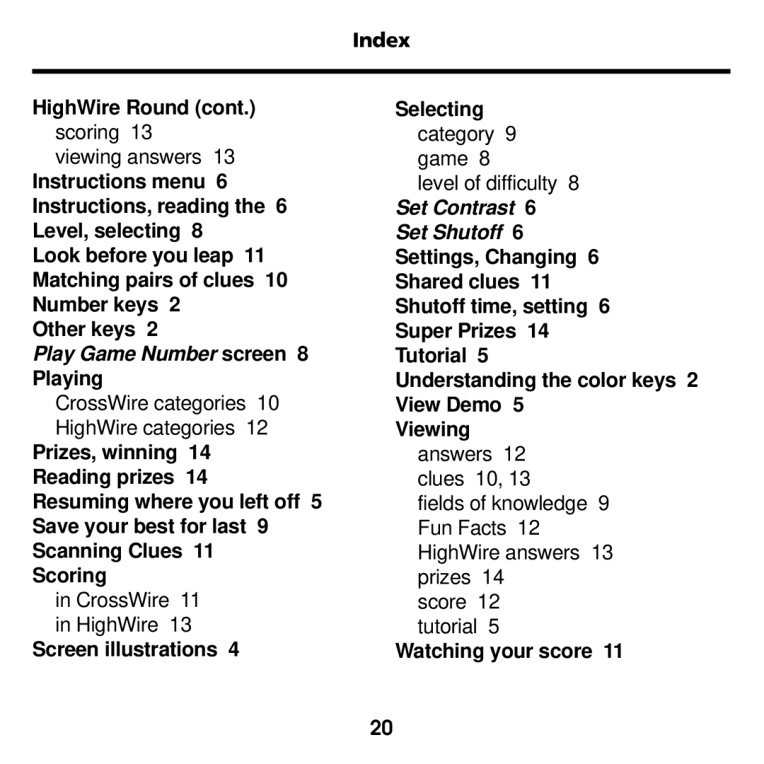 Franklin XGT-2043 manual Index HighWire Round, Play Game Number screen 8 Playing 