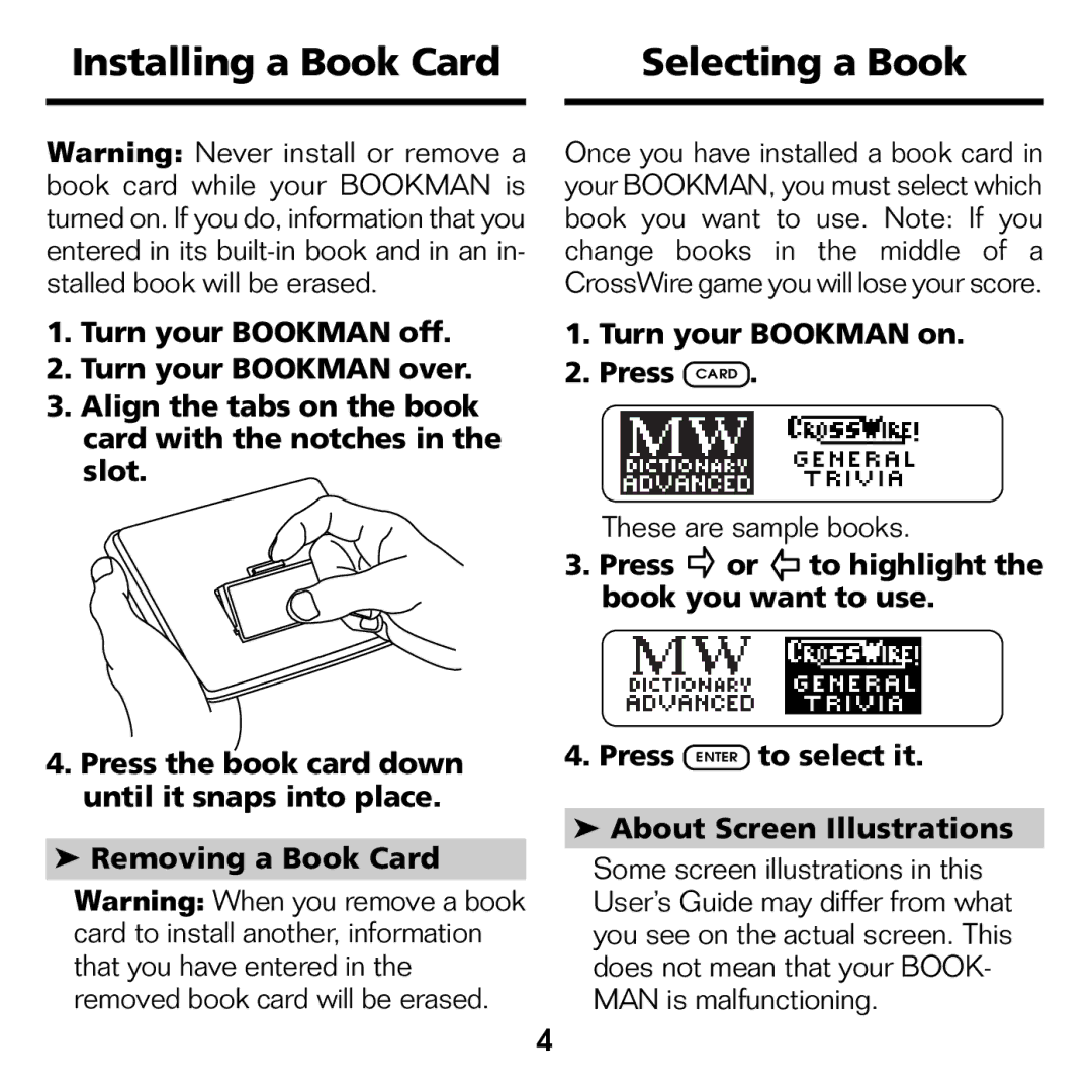 Franklin XGT-2043 manual Installing a Book Card Selecting a Book, Turn your Bookman on Press Card 