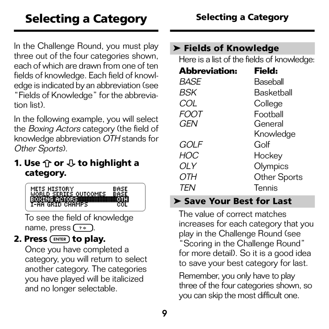 Franklin XST-2051 manual Selecting a Category, Use or to highlight a category, Save Your Best for Last 