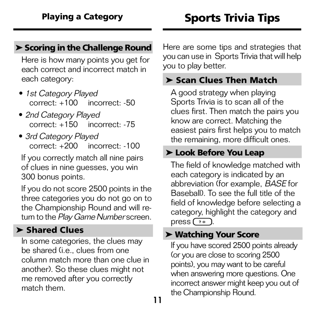 Franklin XST-2051 manual Sports Trivia Tips 