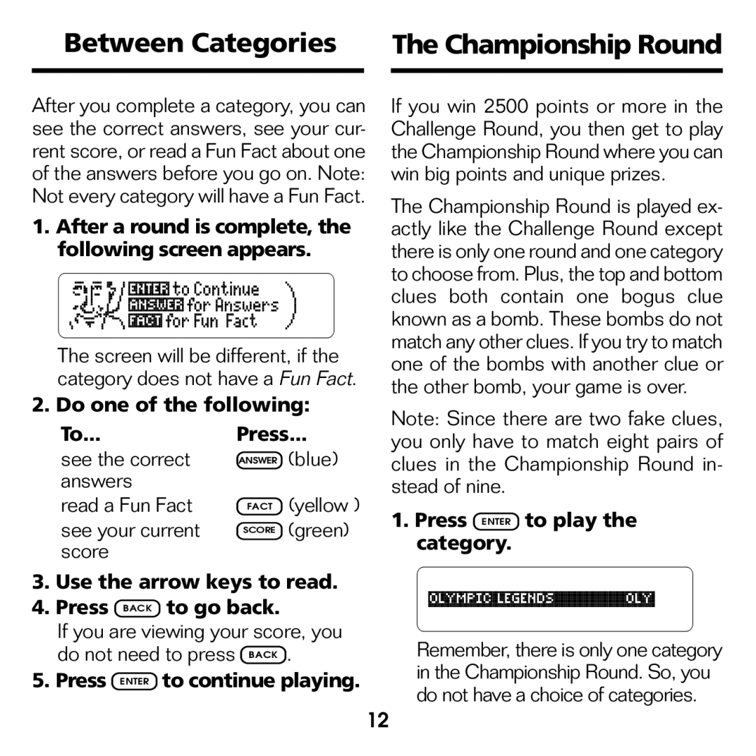 Franklin XST-2051 manual Between Categories 