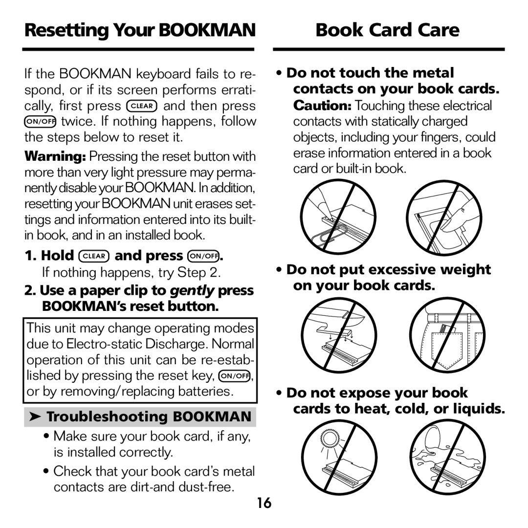 Franklin XST-2051 manual Resetting Your Bookman Book Card Care, Troubleshooting Bookman 