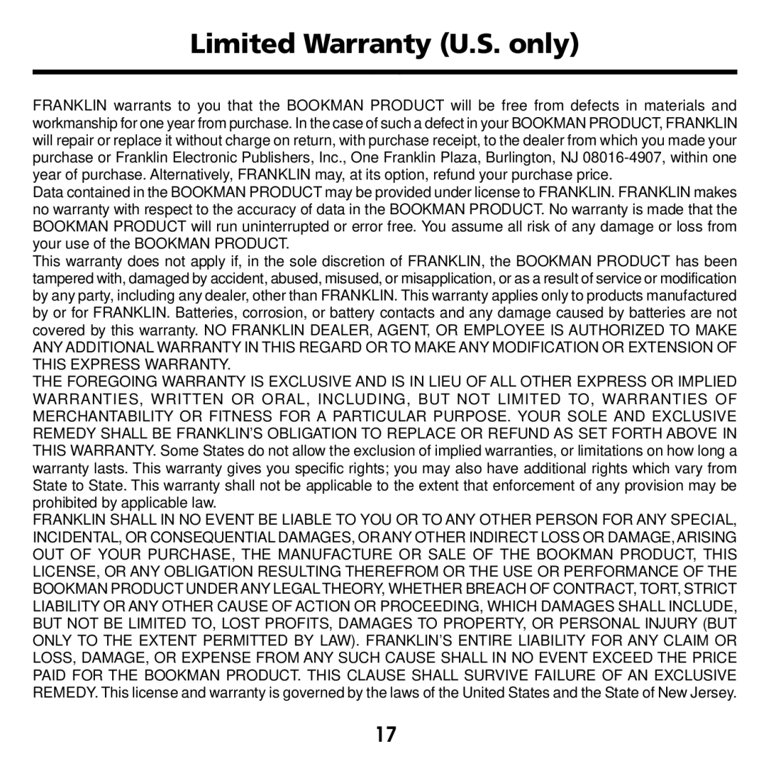 Franklin XST-2051 manual Limited Warranty U.S. only 