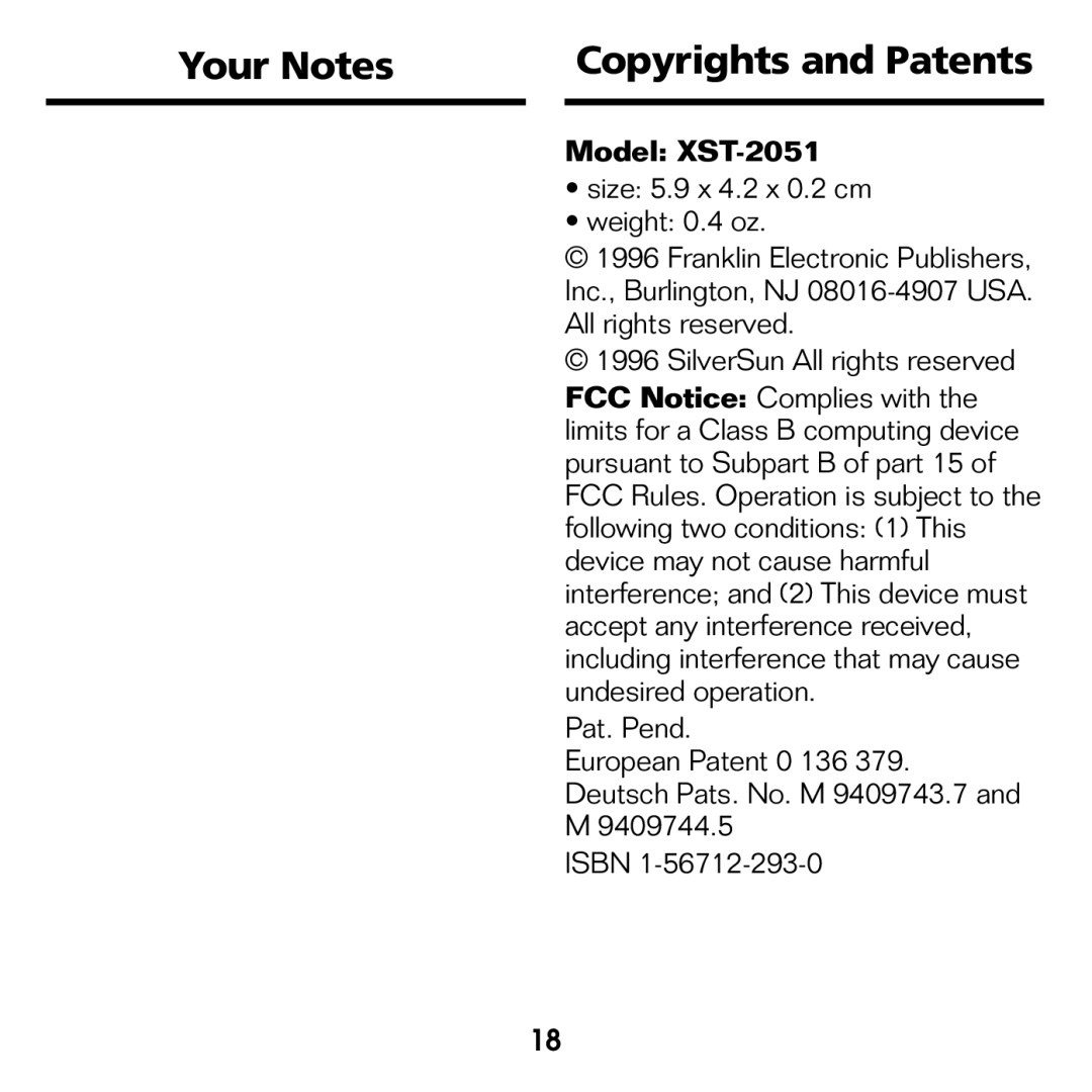 Franklin manual Your Notes Copyrights and Patents, Model XST-2051 