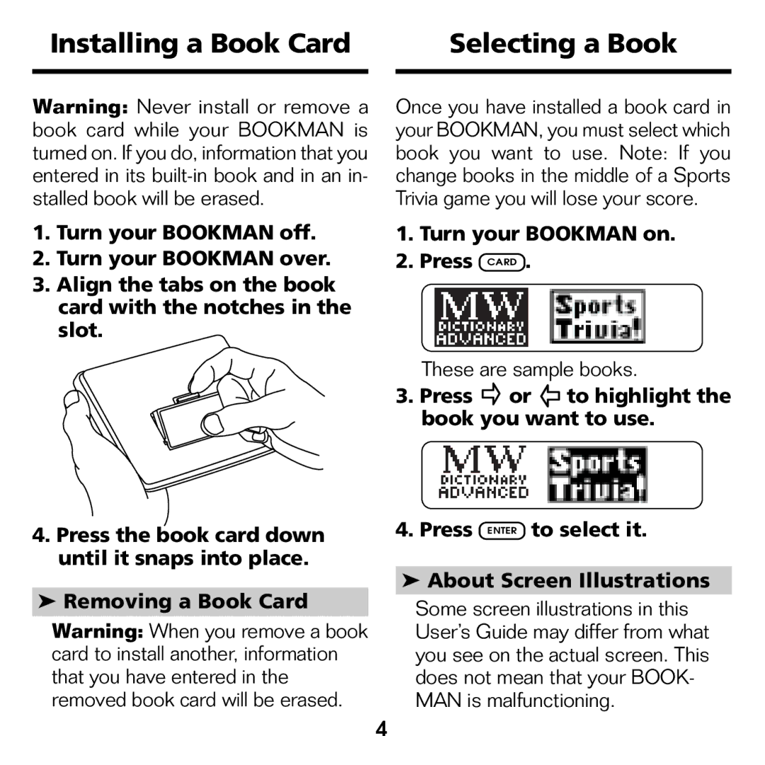 Franklin XST-2051 manual Installing a Book Card Selecting a Book, Turn your Bookman on Press Card 