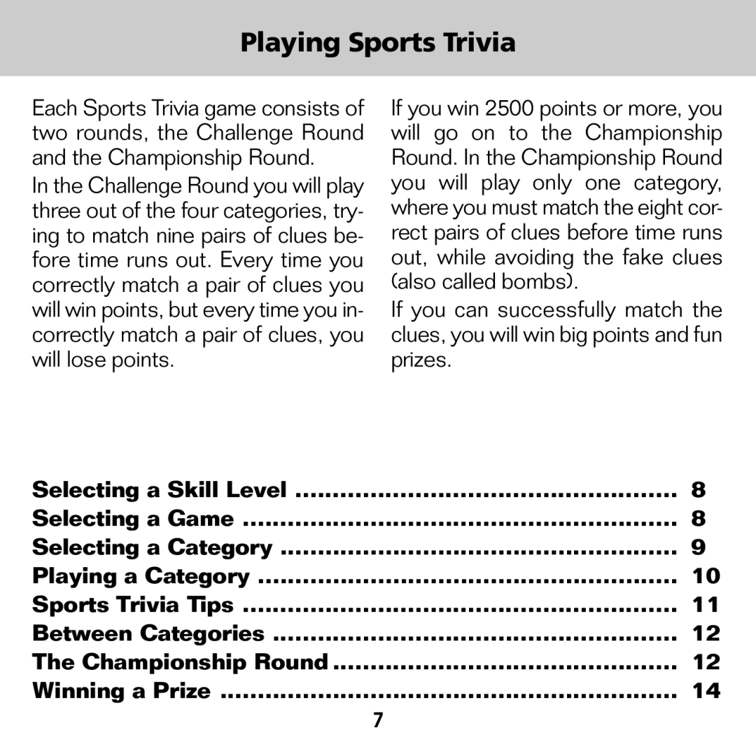 Franklin XST-2051 manual Playing Sports Trivia 