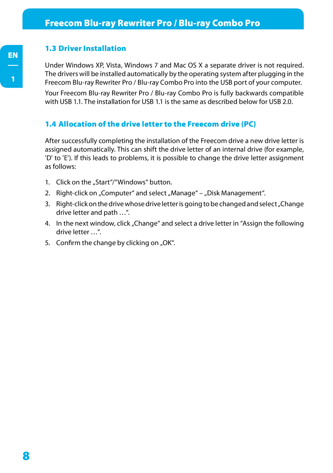 Freecom Technologies 220AW8FB/00LCD user manual Driver Installation, Allocation of the drive letter to the Freecom drive PC 