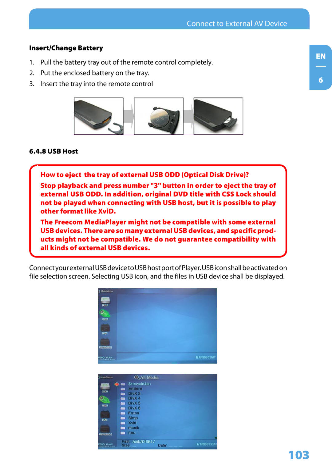 Freecom Technologies 350 user manual Insert/Change Battery, USB Host 