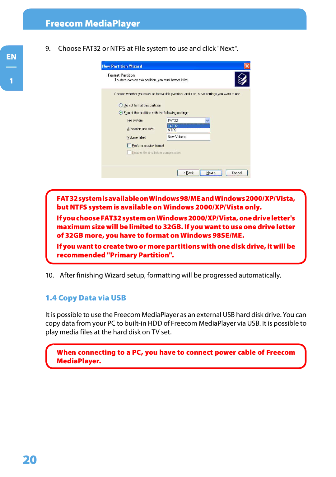 Freecom Technologies 350 user manual Copy Data via USB 