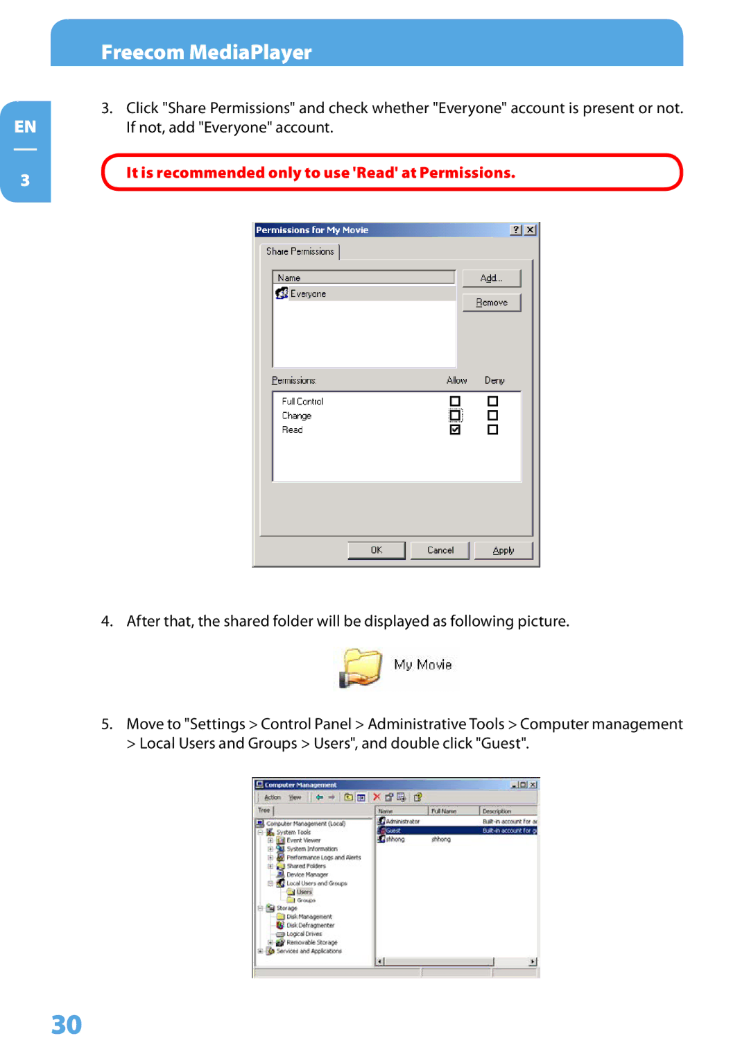 Freecom Technologies 350 user manual It is recommended only to use Read at Permissions 