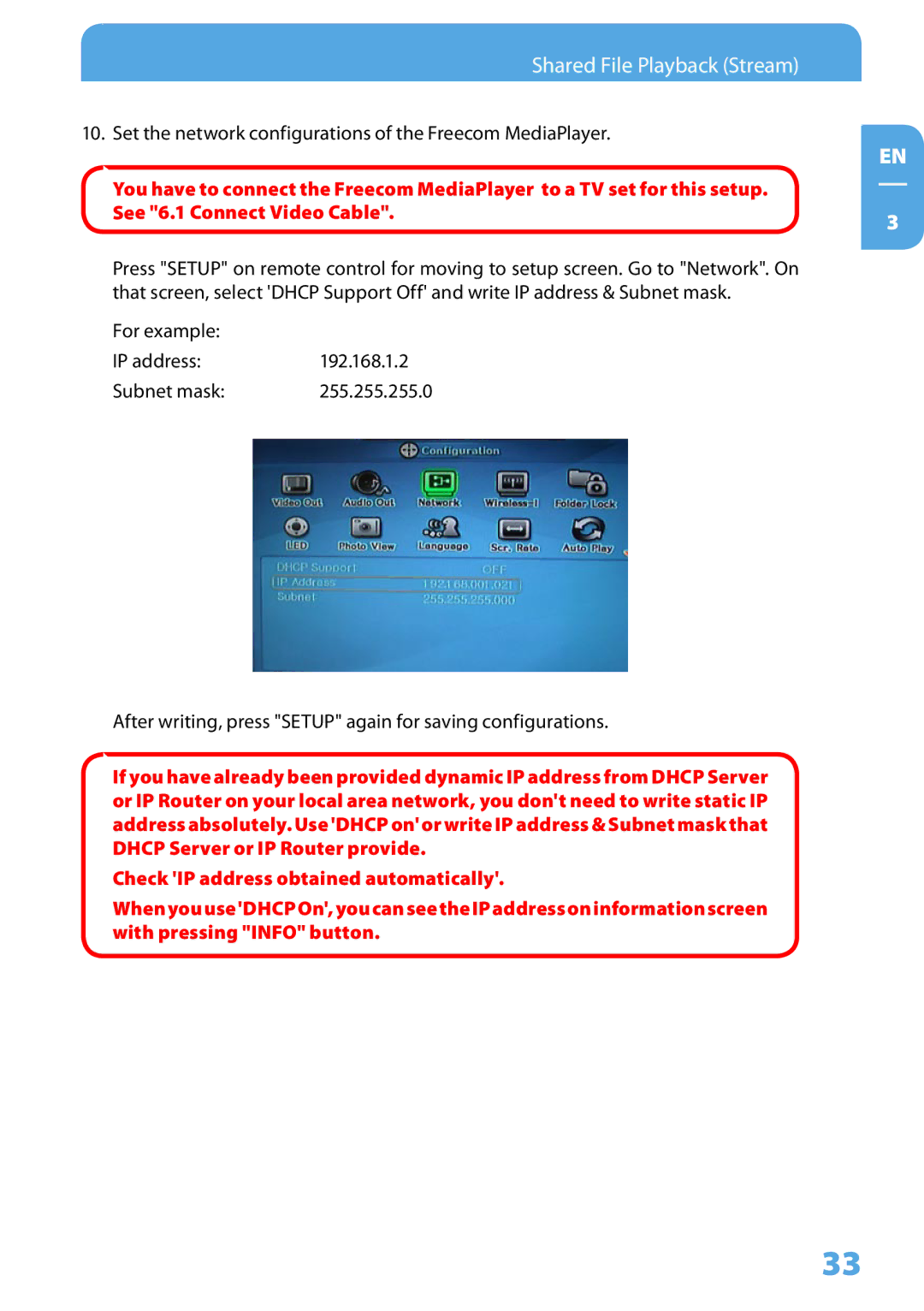 Freecom Technologies 350 user manual Set the network configurations of the Freecom MediaPlayer 