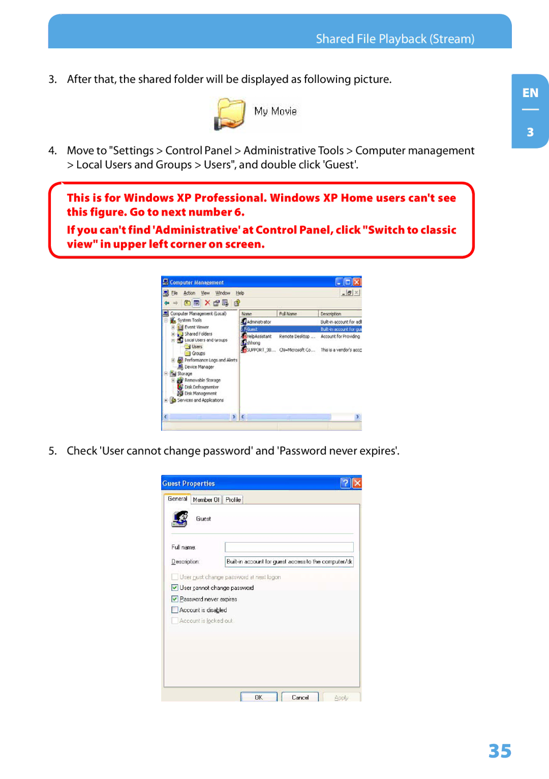 Freecom Technologies 350 user manual Check User cannot change password and Password never expires 