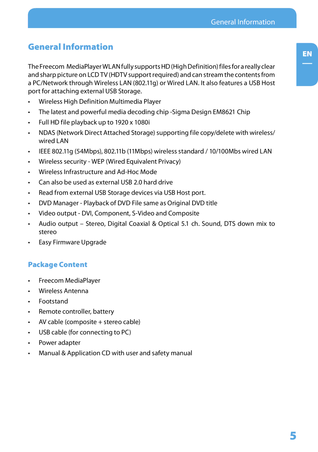 Freecom Technologies 350 user manual General Information, Package Content 