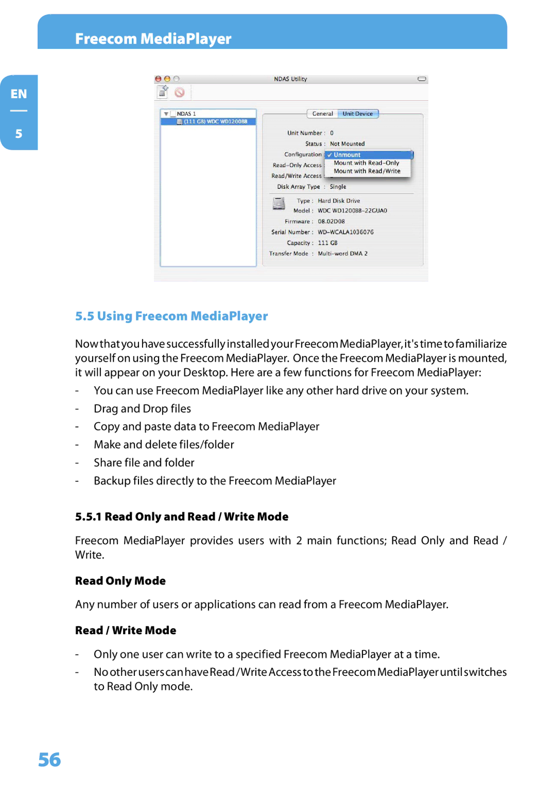 Freecom Technologies 350 user manual Using Freecom MediaPlayer, Read Only and Read / Write Mode, Read Only Mode 