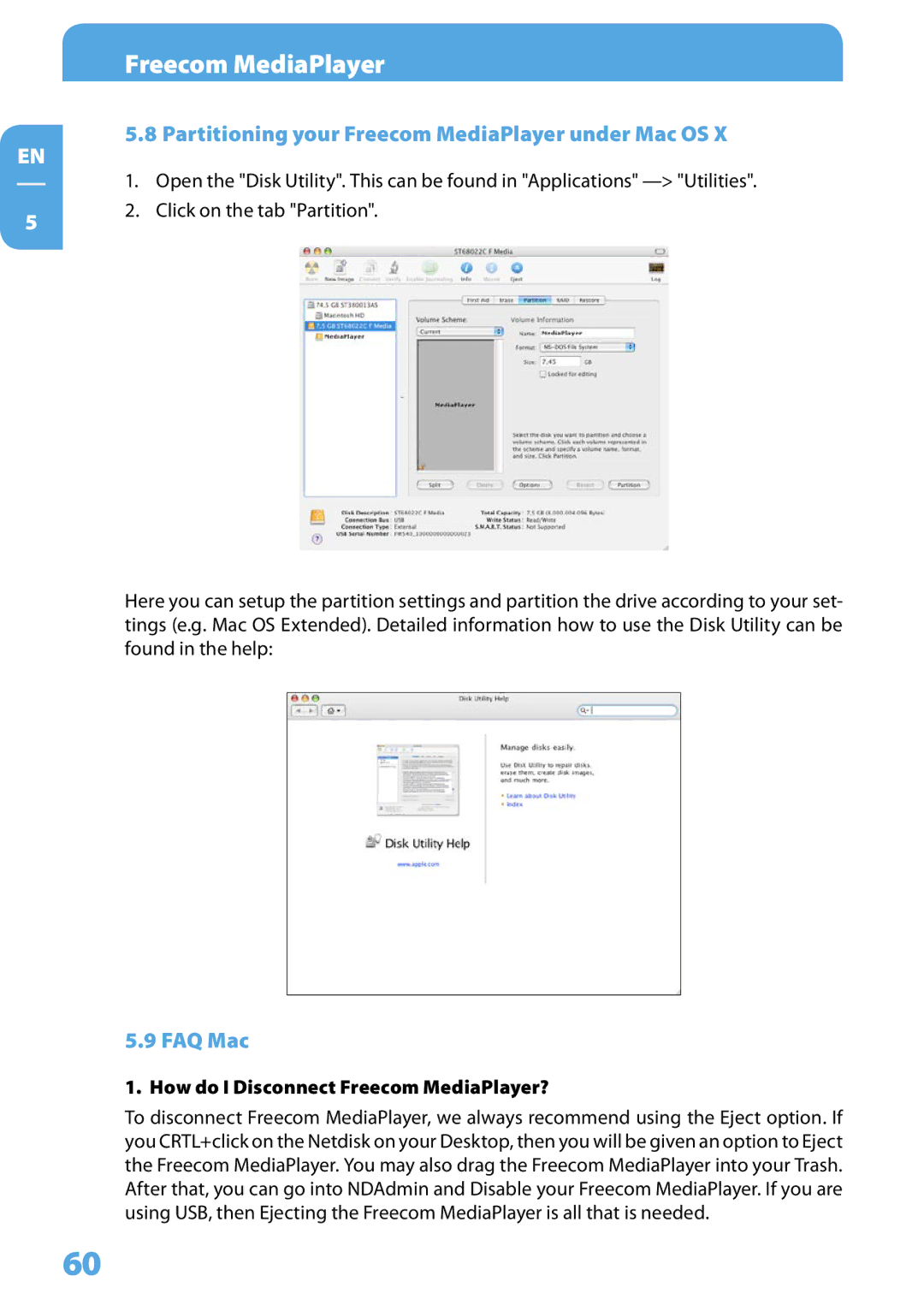 Freecom Technologies 350 user manual . Partitioning your Freecom MediaPlayer under Mac OS, . FAQ Mac 