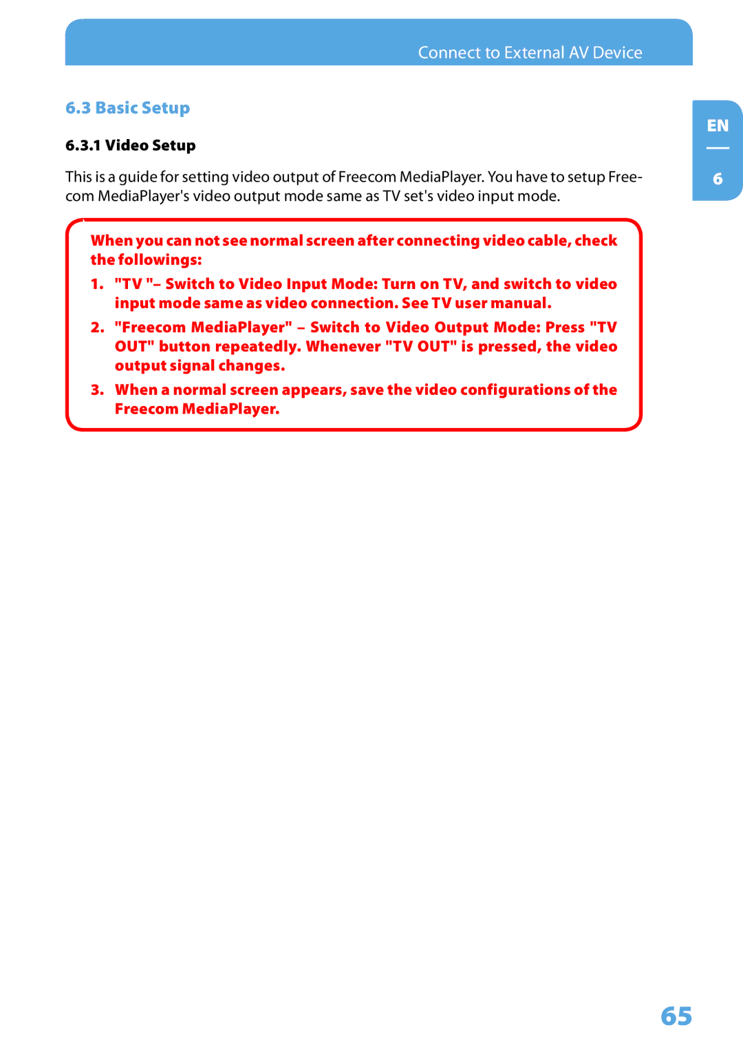 Freecom Technologies 350 user manual Connect to External AV Device, Basic Setup 