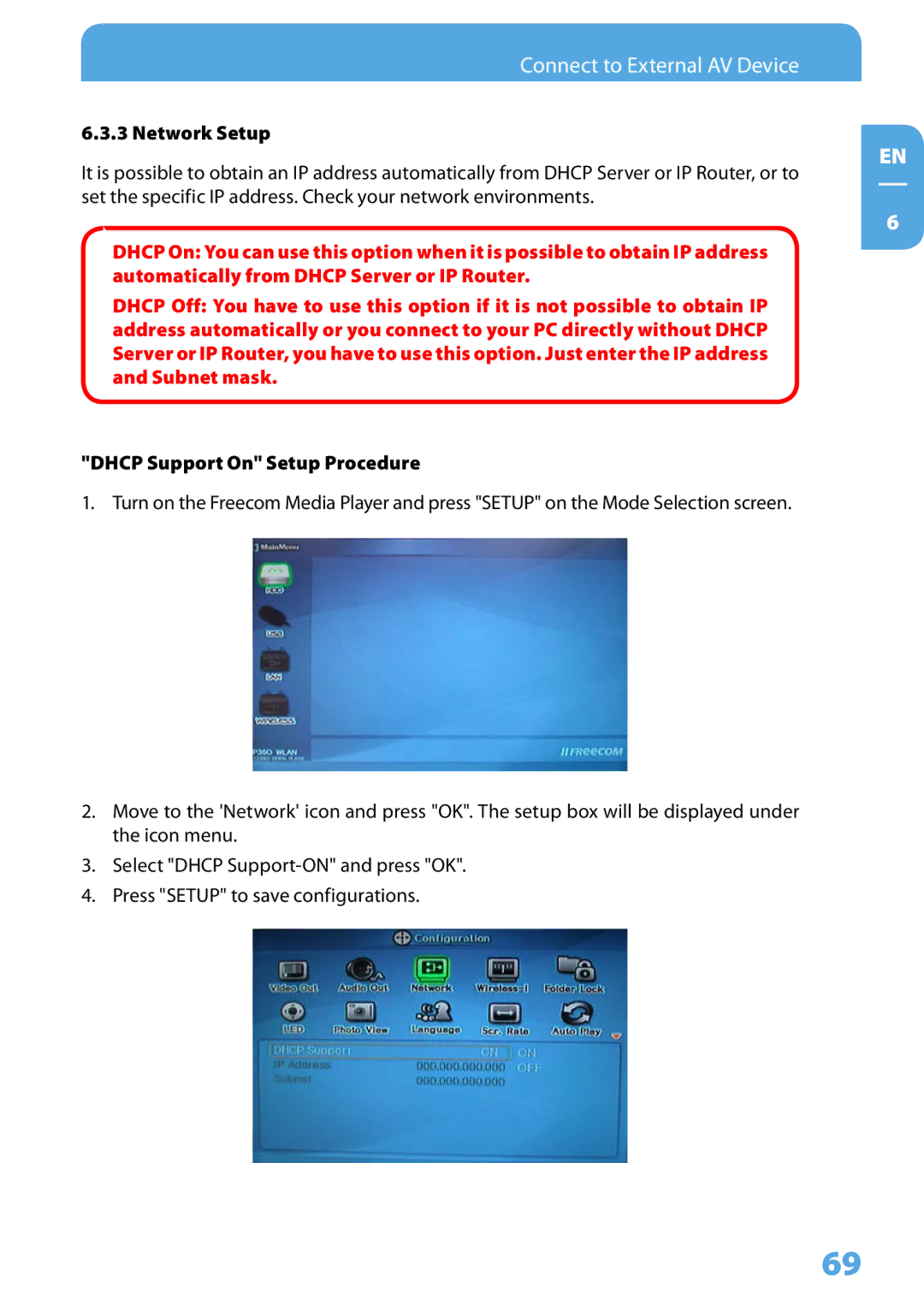 Freecom Technologies 350 user manual Network Setup, Dhcp Support On Setup Procedure 