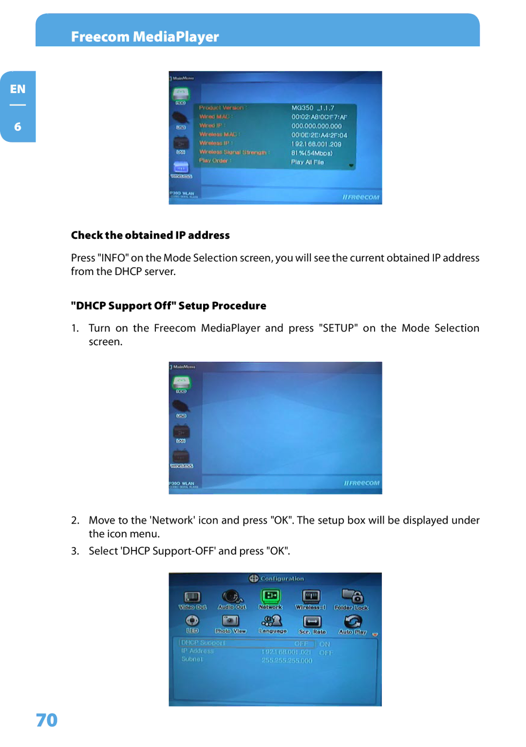 Freecom Technologies 350 user manual Check the obtained IP address, Dhcp Support Off Setup Procedure 