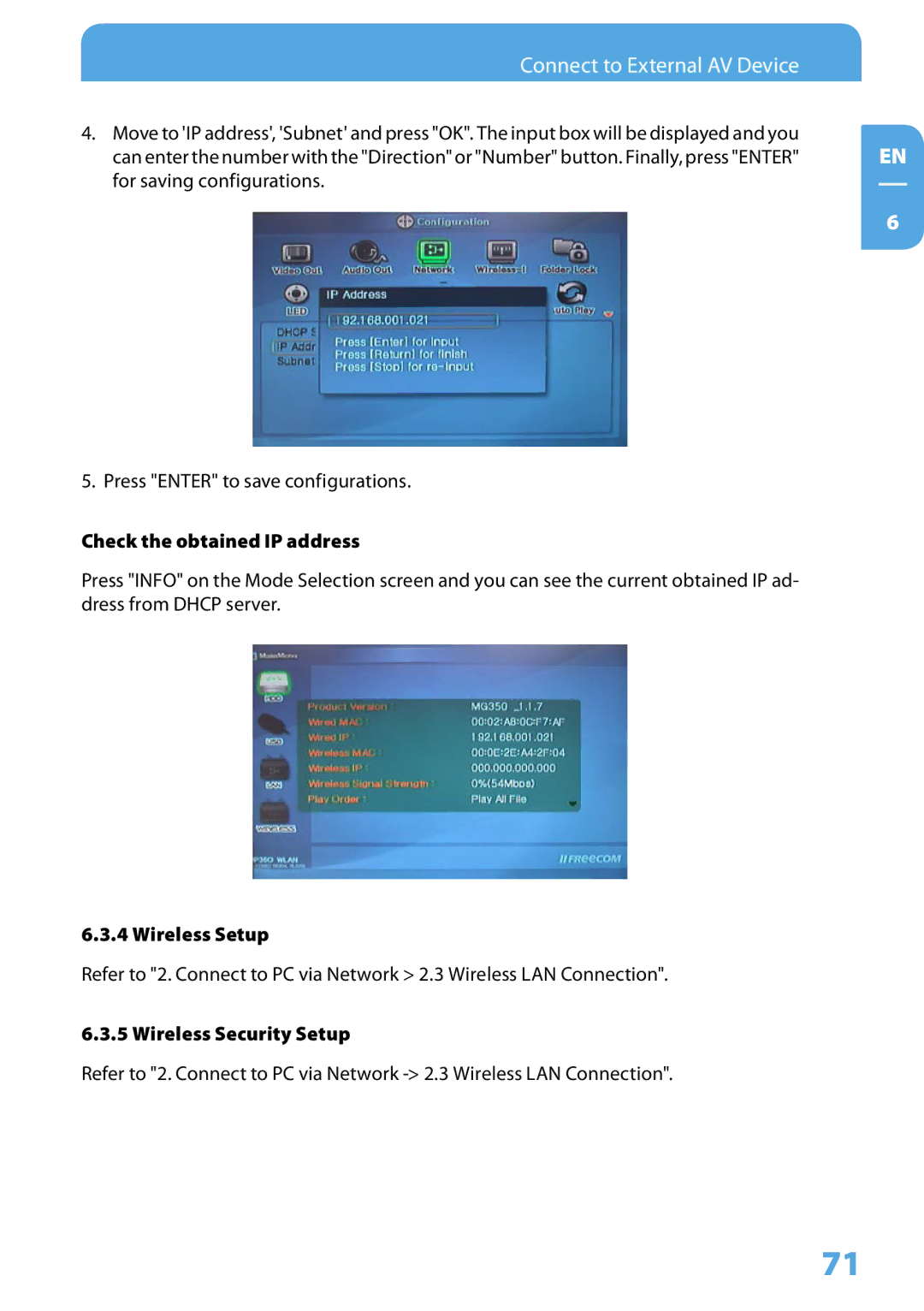 Freecom Technologies 350 user manual Wireless Setup, Wireless Security Setup 