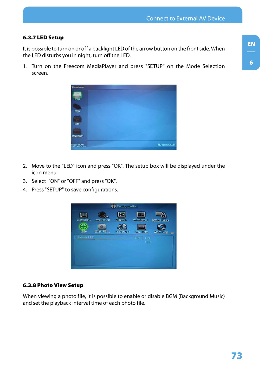 Freecom Technologies 350 user manual LED Setup, Photo View Setup 