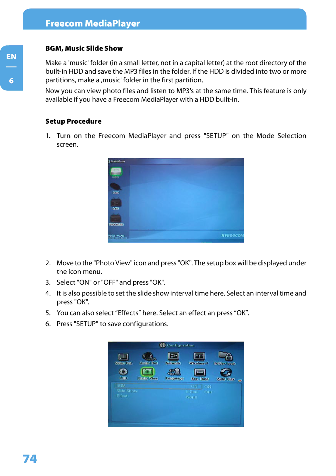 Freecom Technologies 350 user manual BGM, Music Slide Show, Setup Procedure 