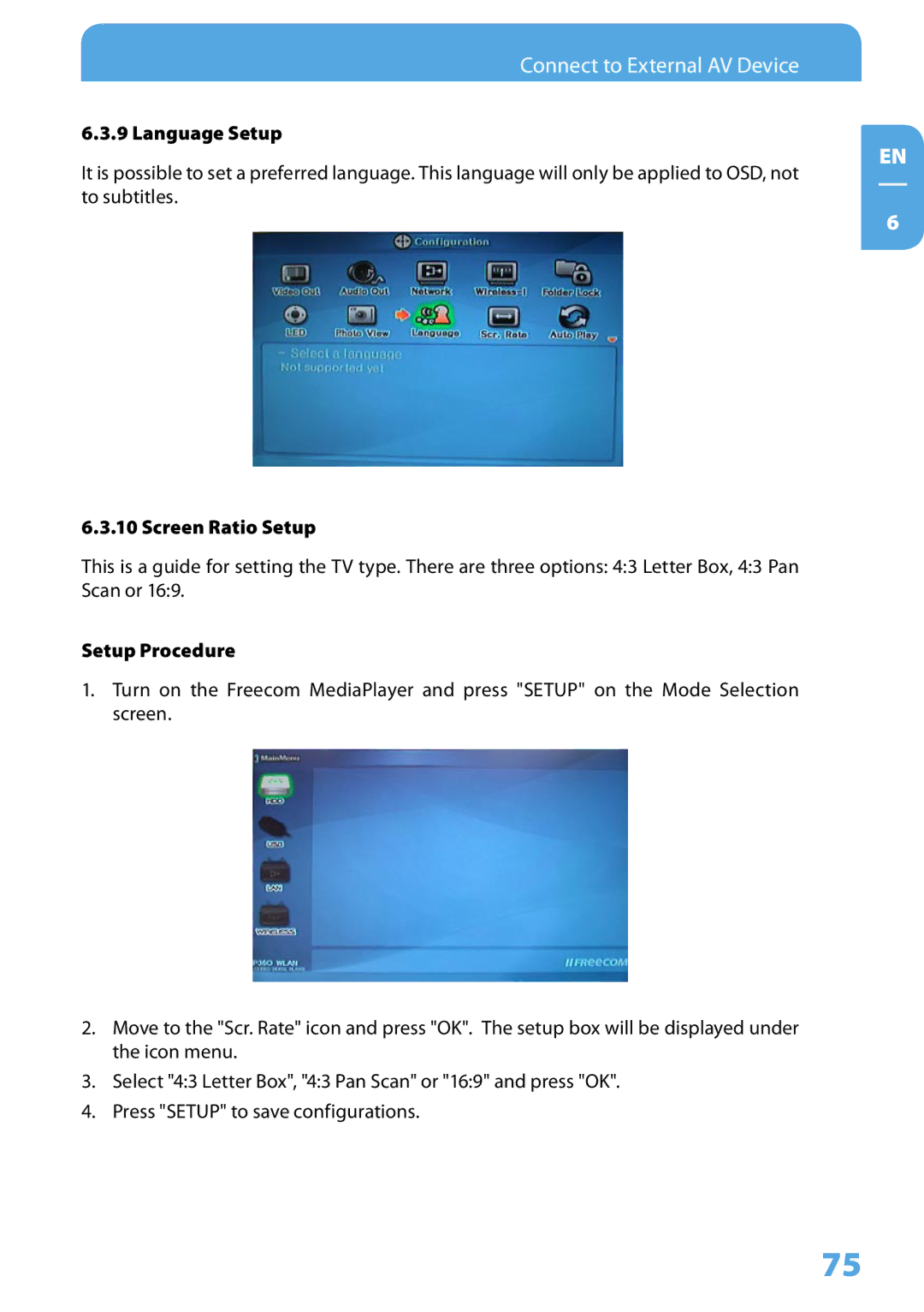 Freecom Technologies 350 user manual Language Setup, Screen Ratio Setup 