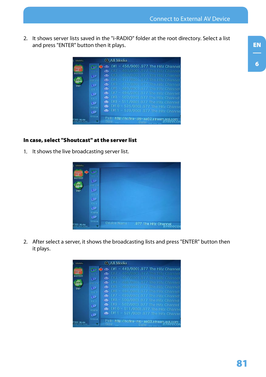 Freecom Technologies 350 user manual Case, select Shoutcast at the server list 