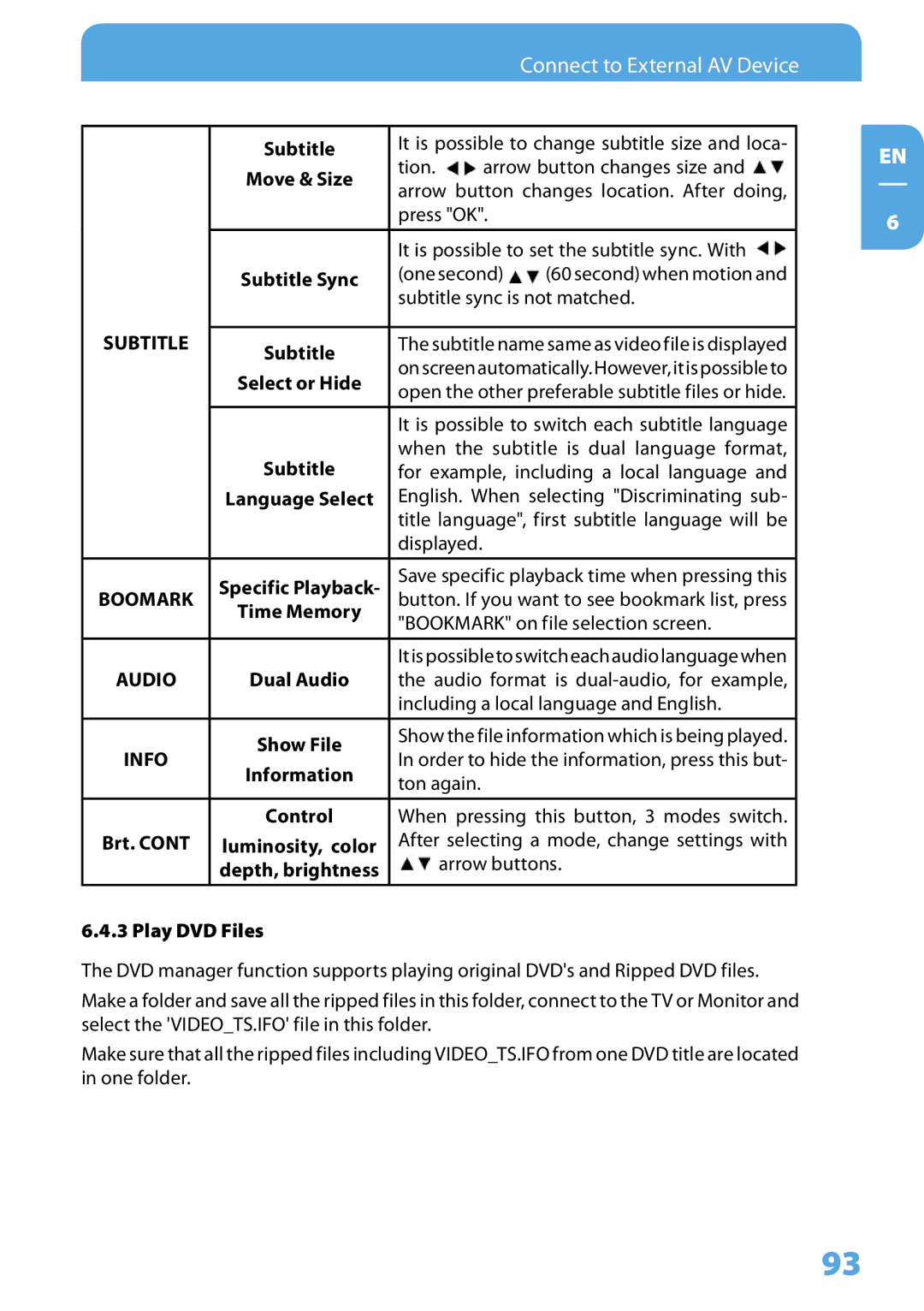 Freecom Technologies 350 user manual Subtitle, Dual Audio, Information, Luminosity, color, Play DVD Files 