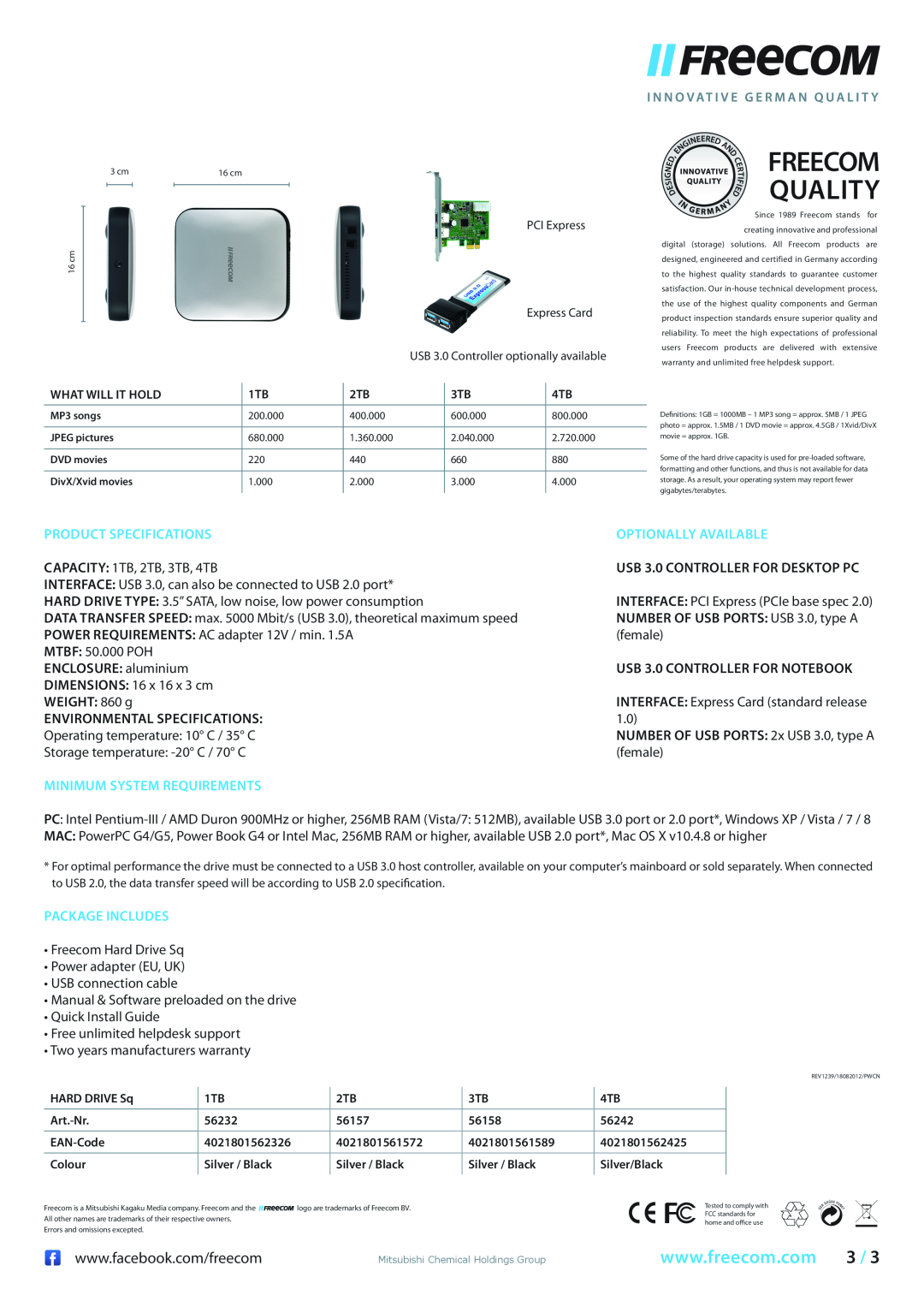 Freecom Technologies 97805 Product Specifications, Optionally Available, Minimum System Requirements, Package Includes 