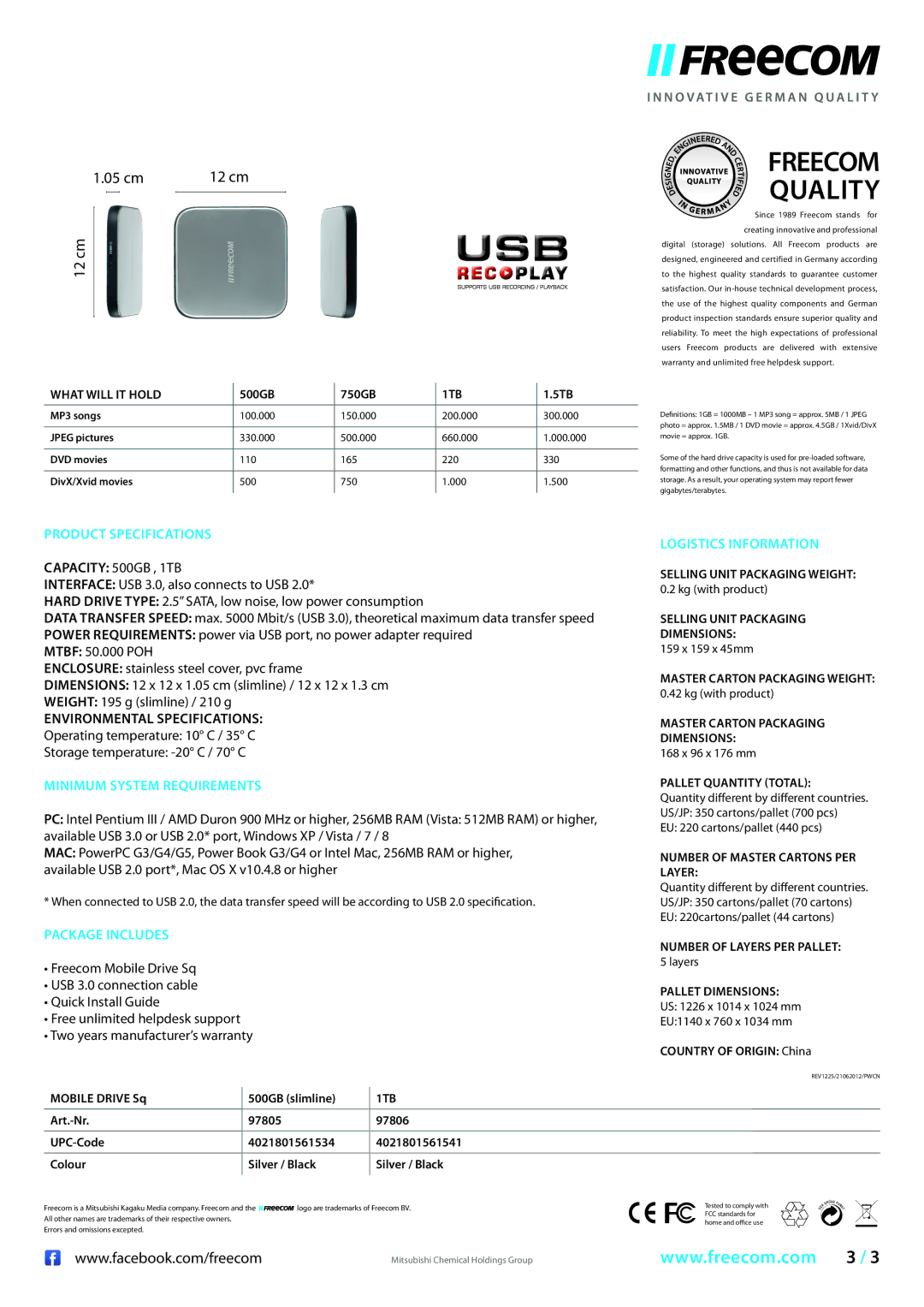 Freecom Technologies 97805 Product Specifications, Minimum System Requirements, Package Includes, Logistics Information 