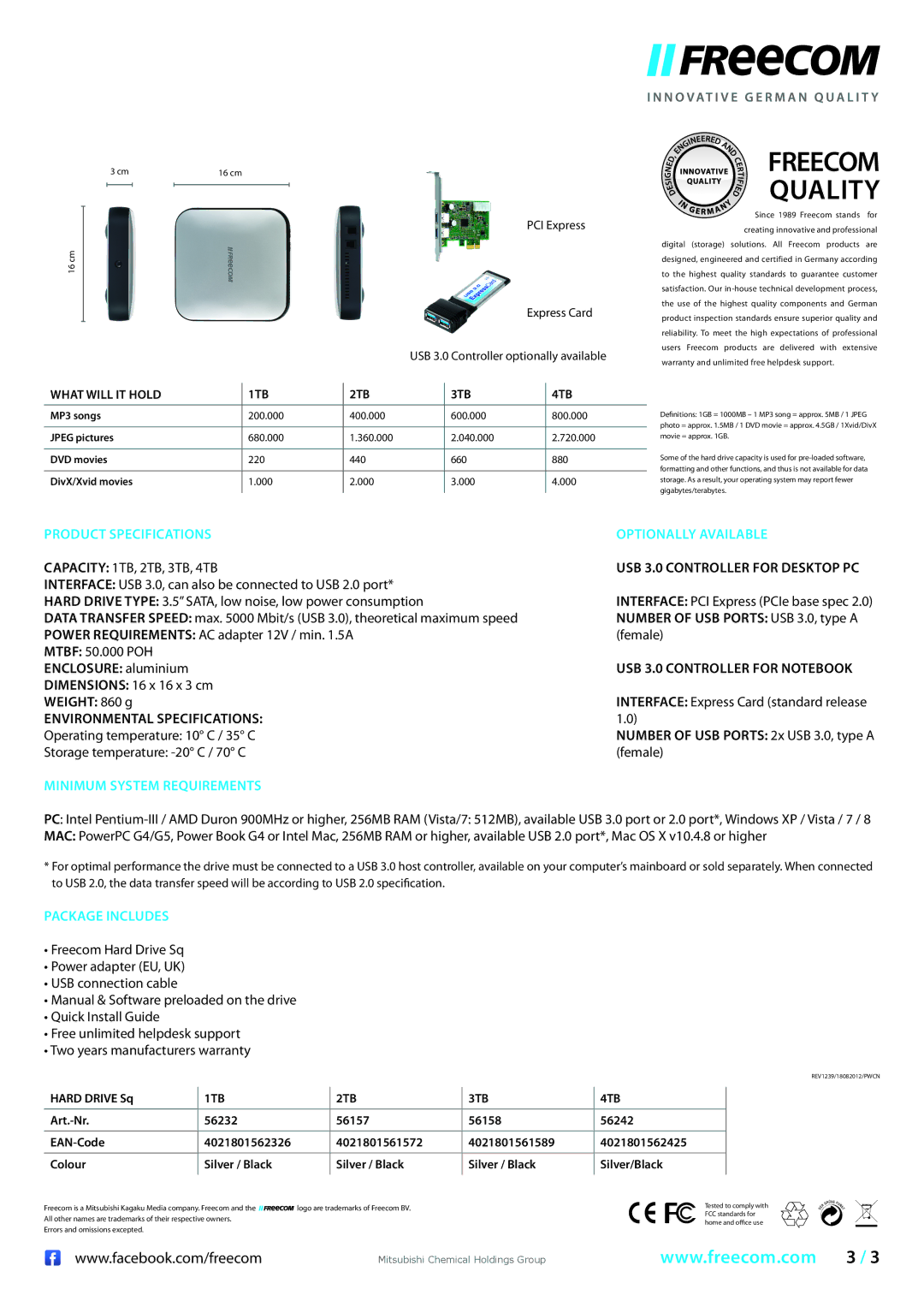 Freecom Technologies 97805 Product Specifications Optionally Available, Minimum System Requirements, Package Includes 