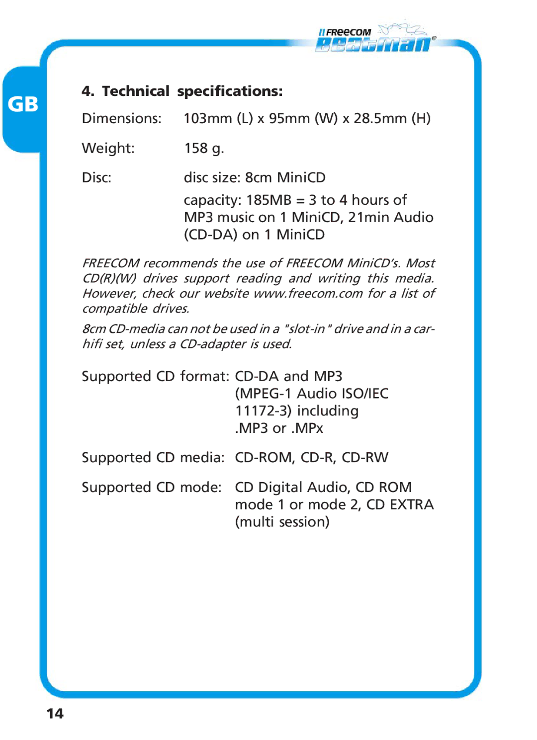 Freecom Technologies Beatman Mini CD I manual 
