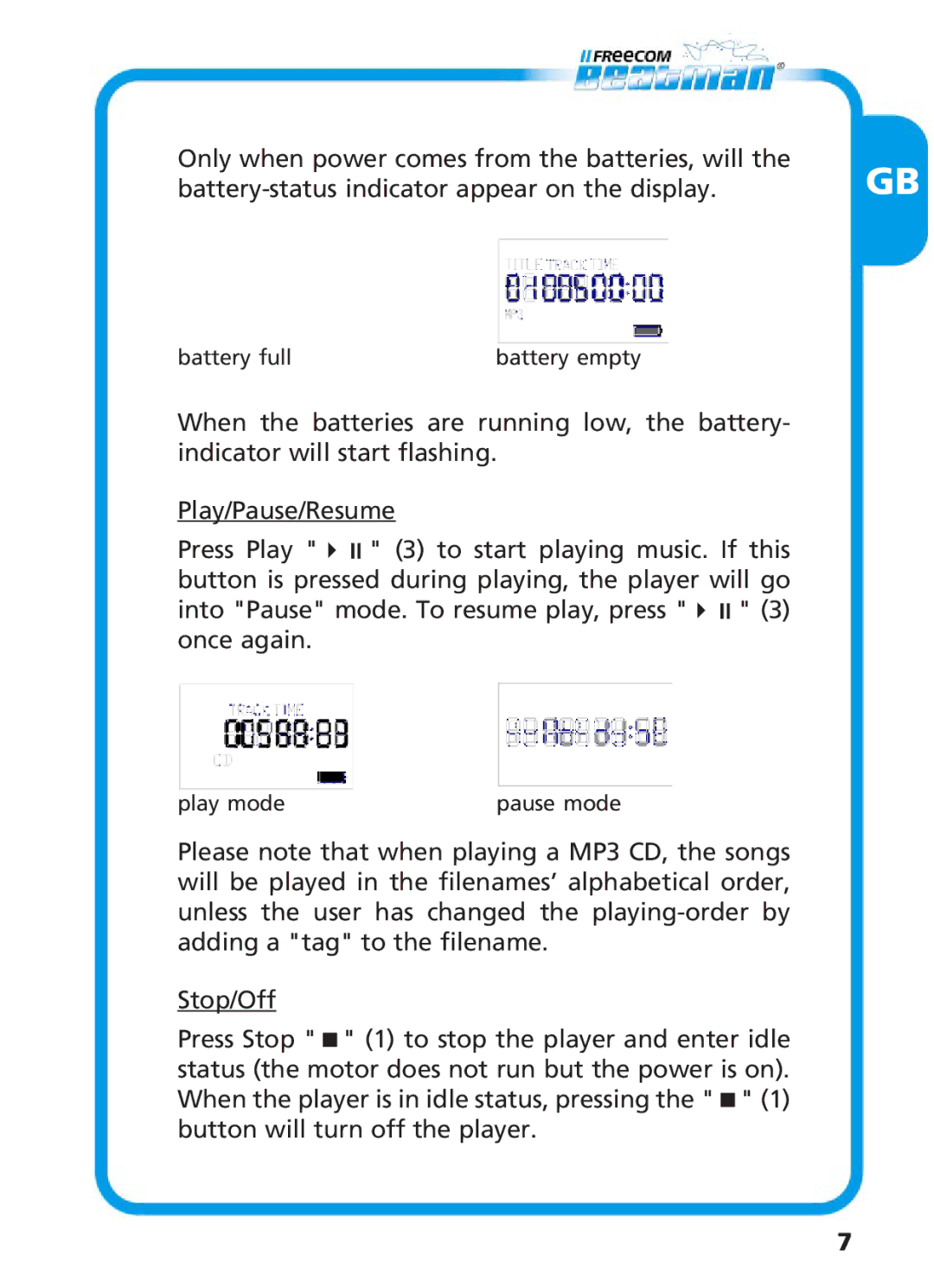 Freecom Technologies Beatman Mini CD I manual Battery full Battery empty 