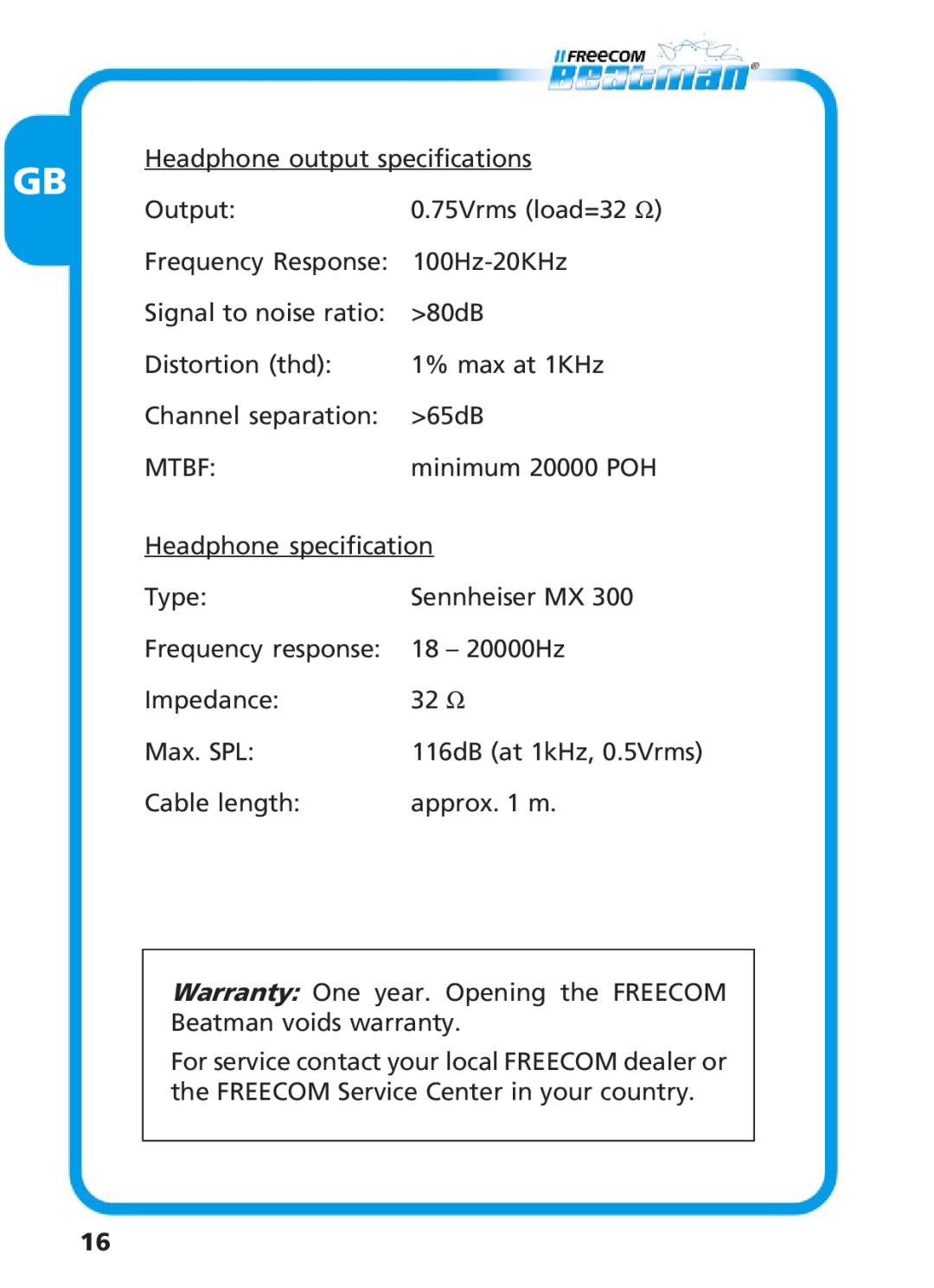 Freecom Technologies Beatman Mini CD I manual Headphone output specifications 
