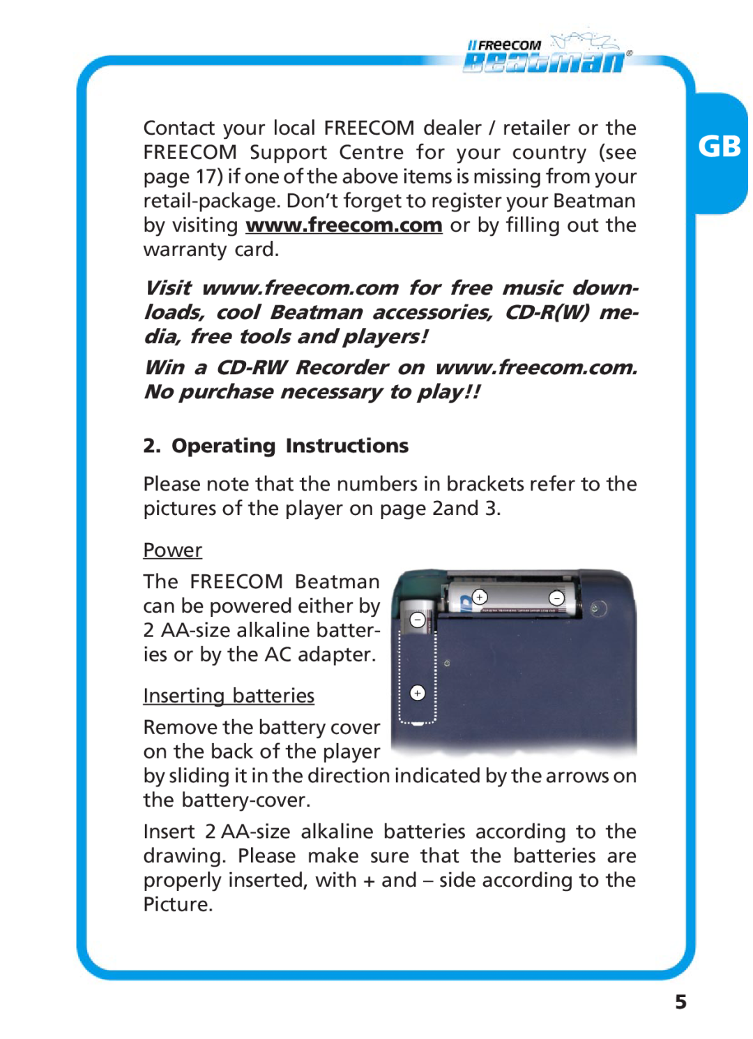 Freecom Technologies Beatman Mini CD I manual Operating Instructions, Power, Inserting batteries 