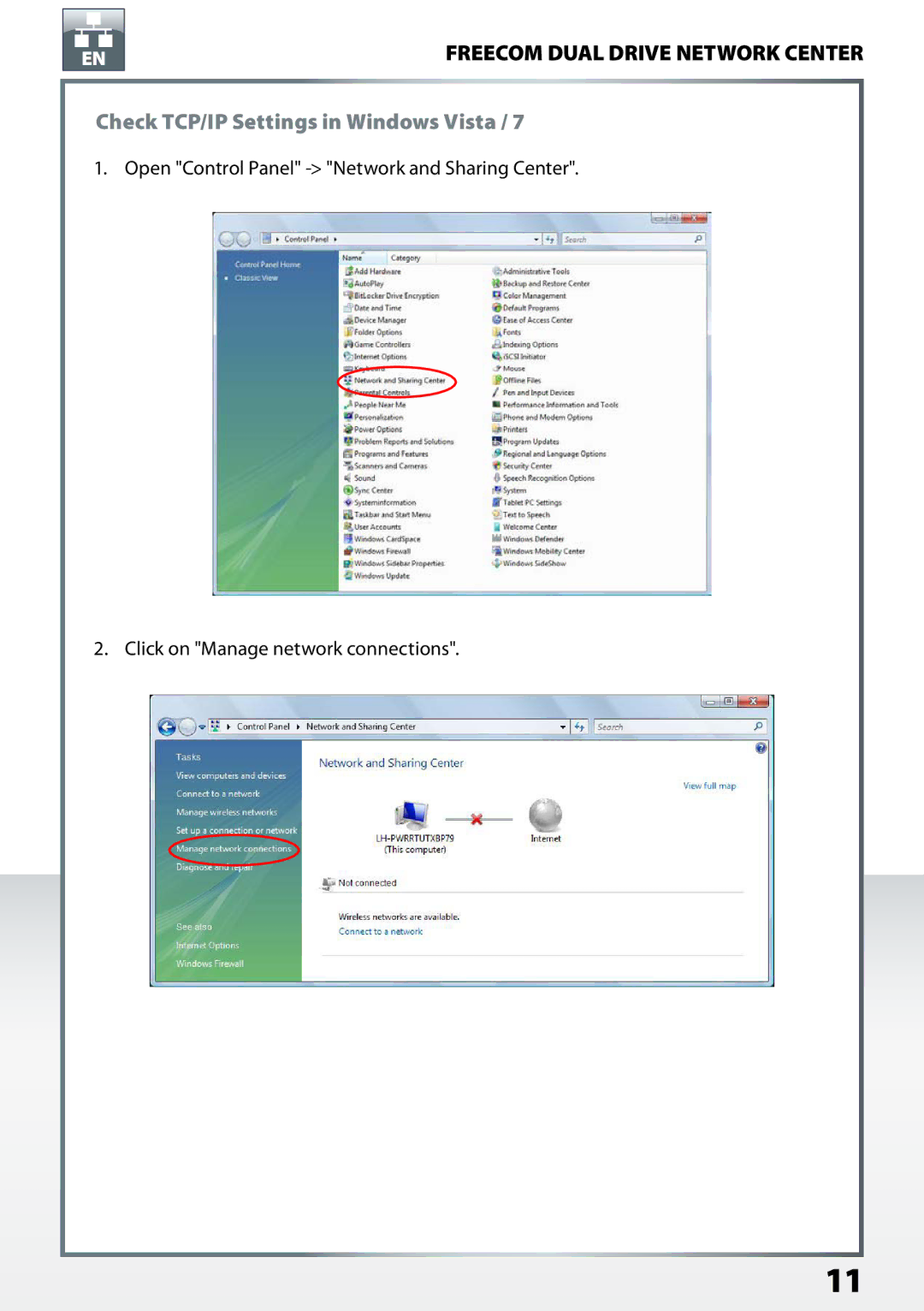 Freecom Technologies Dual Drive Network Center user manual Check TCP/IP Settings in Windows Vista 