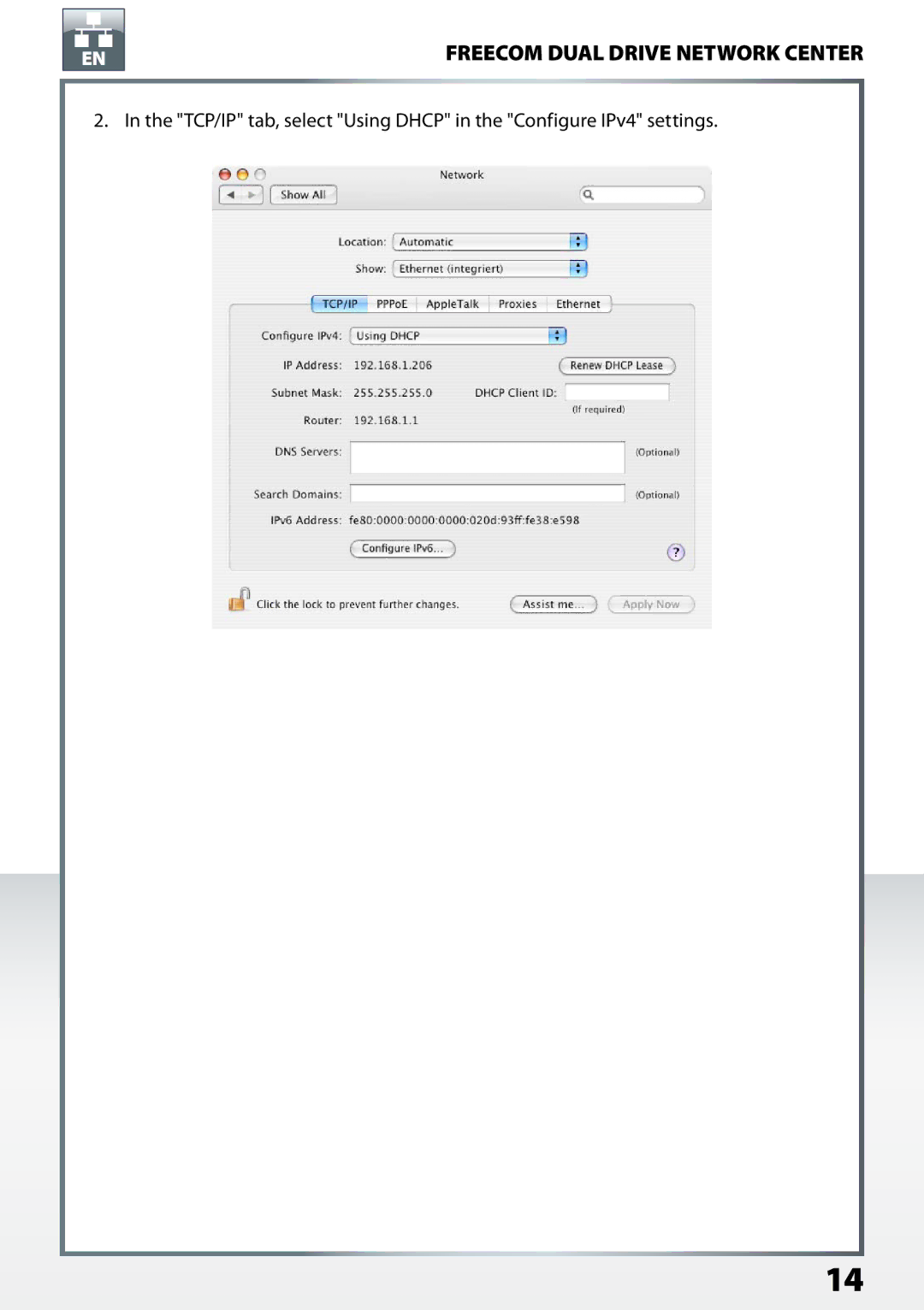 Freecom Technologies Dual Drive Network Center user manual TCP/IP tab, select Using Dhcp in the Configure IPv4 settings 