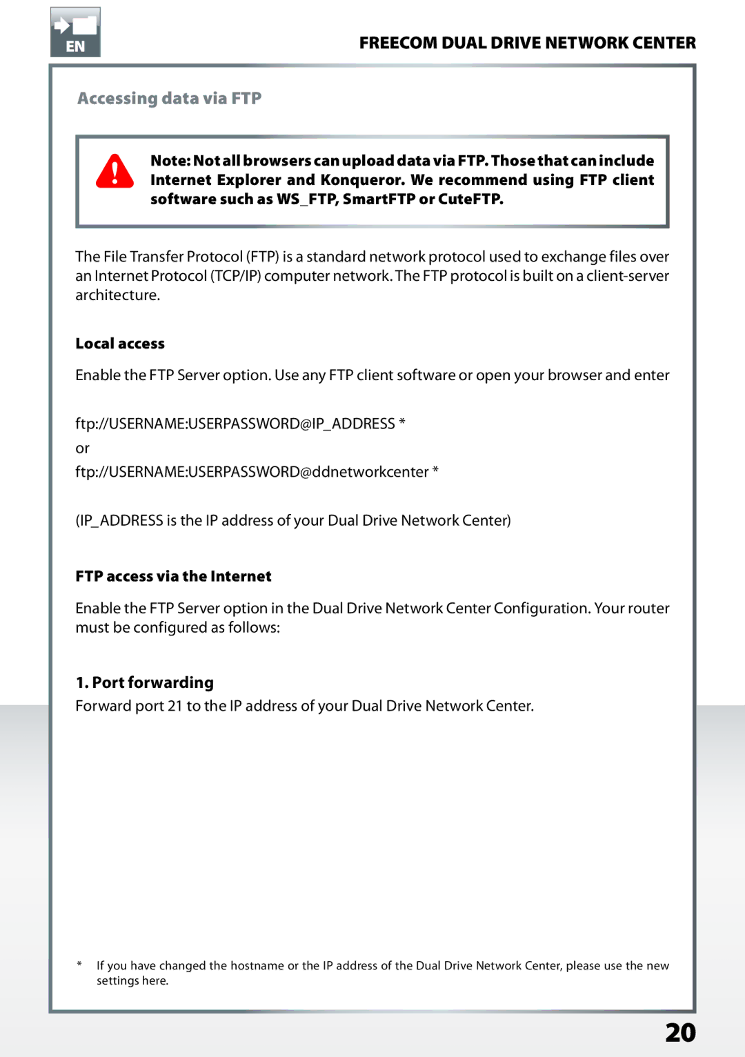 Freecom Technologies Dual Drive Network Center user manual Accessing data via FTP, Port forwarding, Local access 