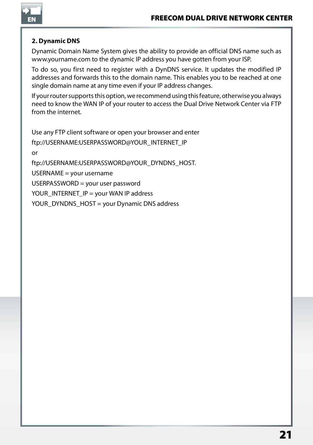 Freecom Technologies Dual Drive Network Center user manual Dynamic DNS 