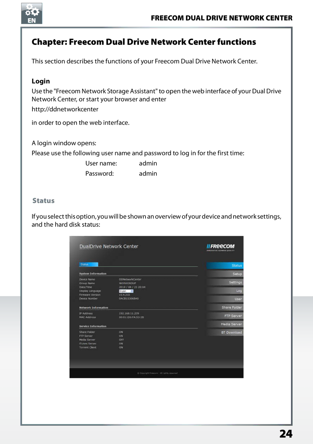 Freecom Technologies user manual Chapter Freecom Dual Drive Network Center functions, Login, Status 