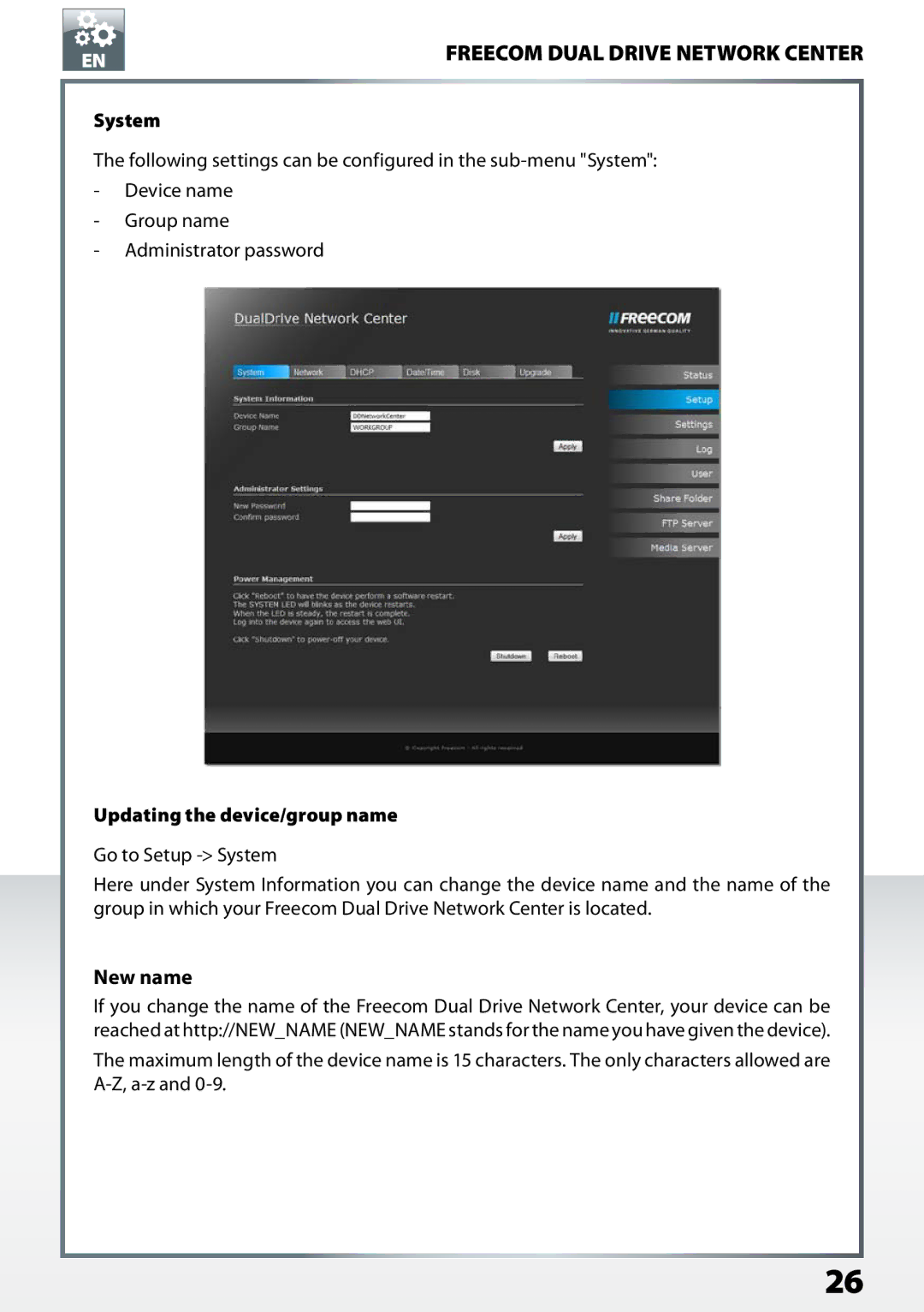 Freecom Technologies Dual Drive Network Center user manual New name, System, Updating the device/group name 