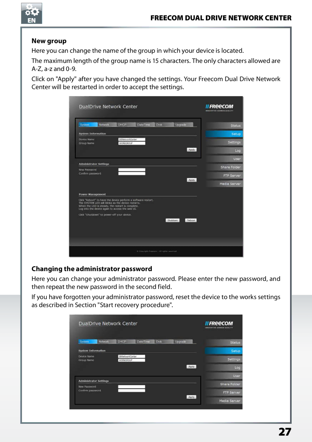 Freecom Technologies Dual Drive Network Center user manual New group, Changing the administrator password 