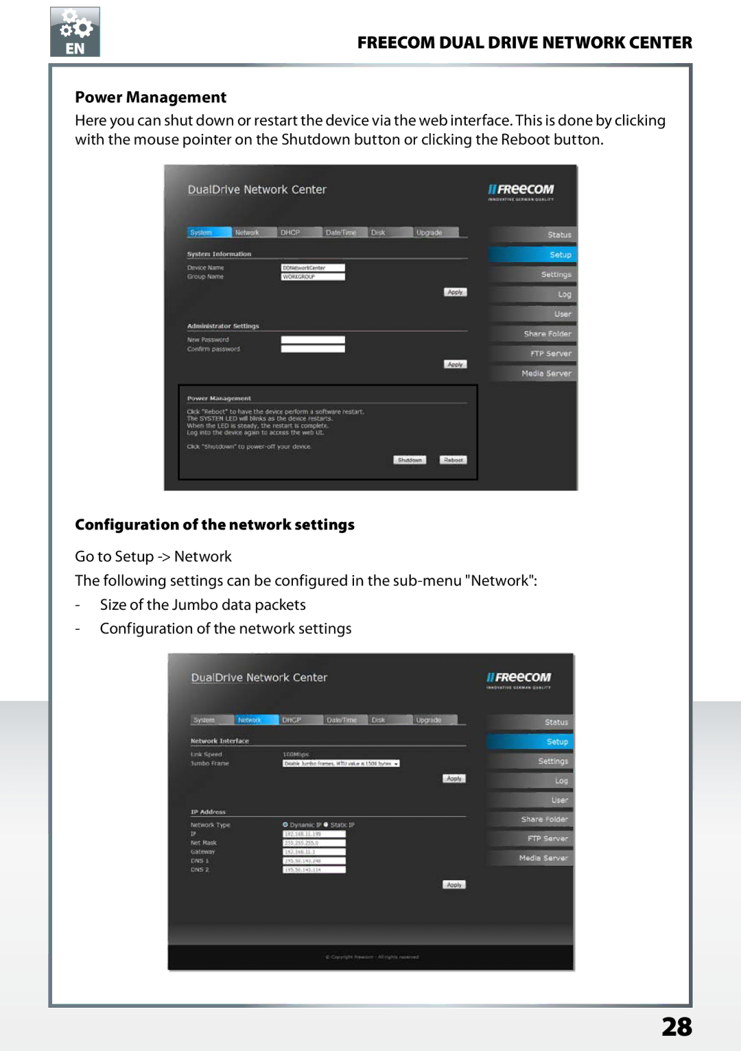 Freecom Technologies Dual Drive Network Center user manual Power Management, Configuration of the network settings 