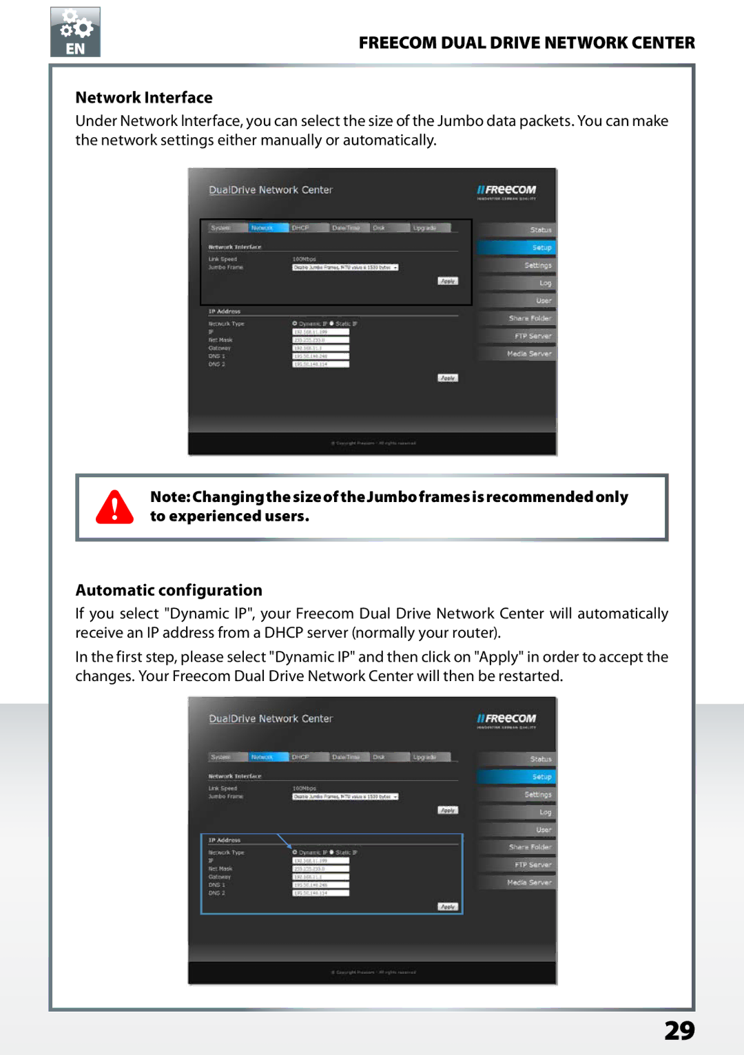 Freecom Technologies Dual Drive Network Center user manual Network Interface, Automatic configuration 